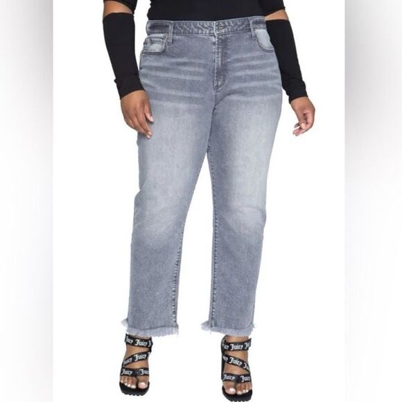 Juicy Couture Venice Straight Jean Women's 14W Gray Marble Wash Denim Fringe Hem - Picture 1 of 12